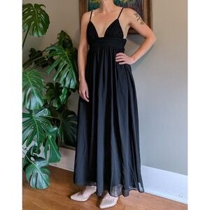 Beginning Boutique Black Chiffon Maxi Dress 6 Babydoll Flowy Plunging Neck Event